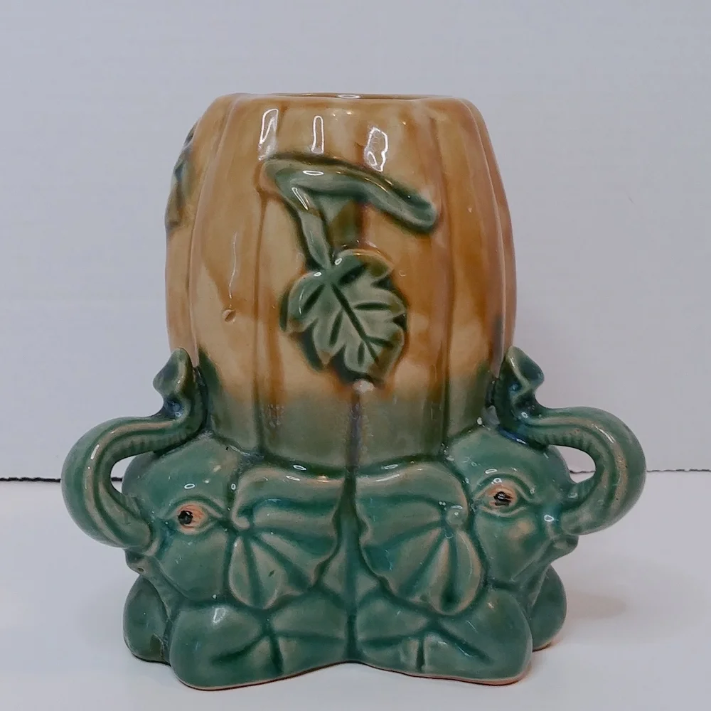 Vintage Tall Elephants Planter Trunks Up Good Luck